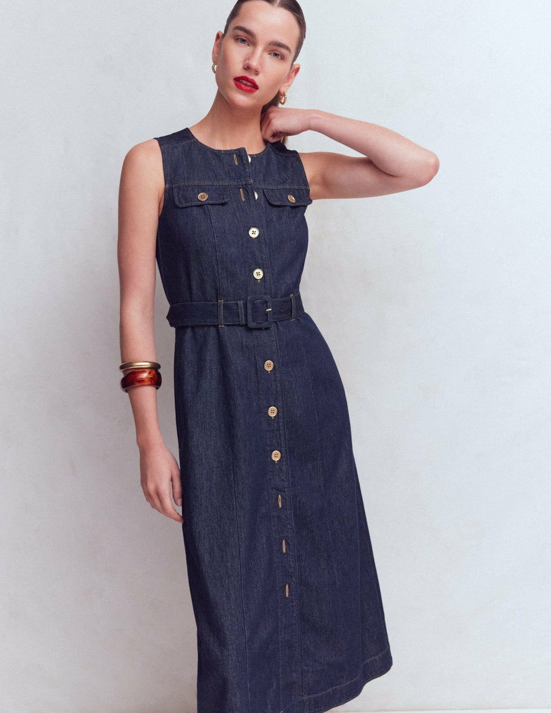 Gold Button Denim Midi Dress-Indigo / Boden Online