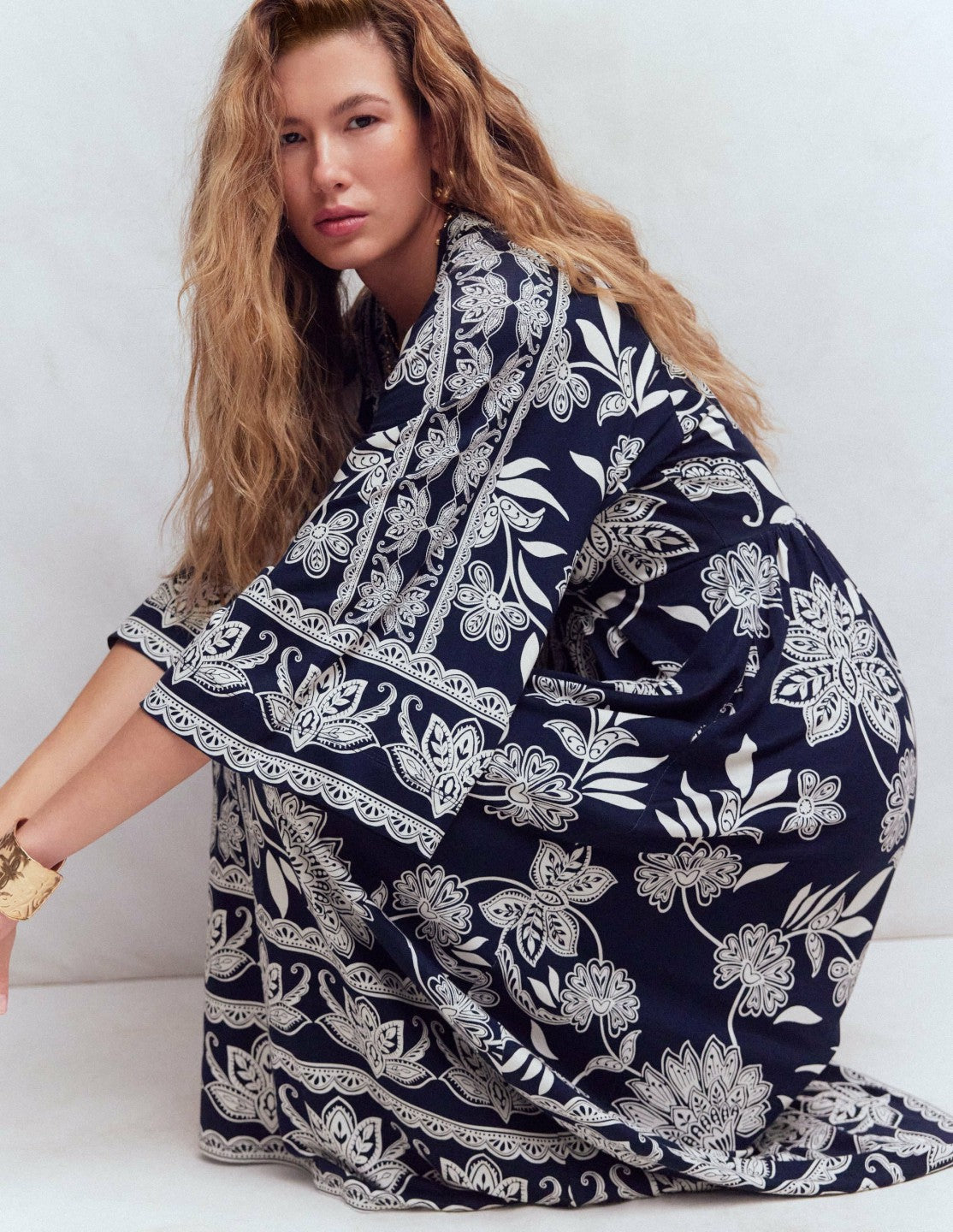 Nell Kimono Midi Jersey Dress-Navy, Elegant Blossom / Boden