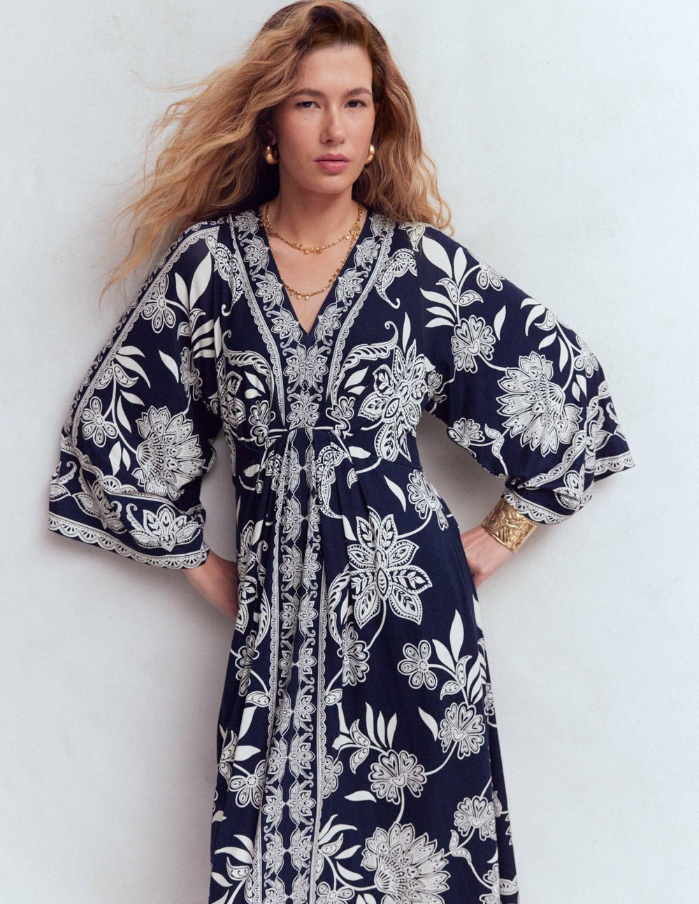 Nell Kimono Midi Jersey Dress-Navy, Elegant Blossom / Boden