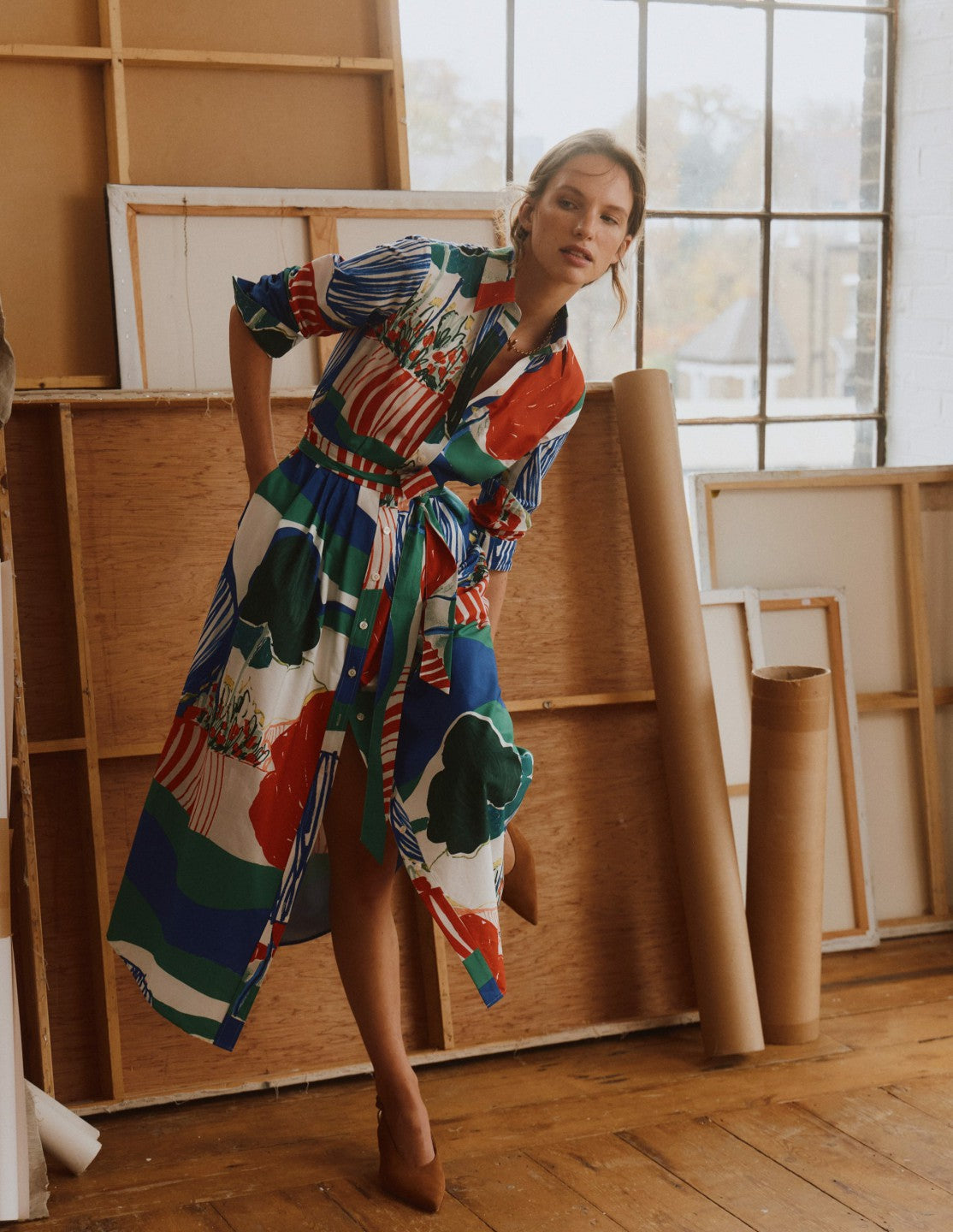 Alexa Cotton Midi Shirt Dress-Multi Abstract Valley / Boden Sale