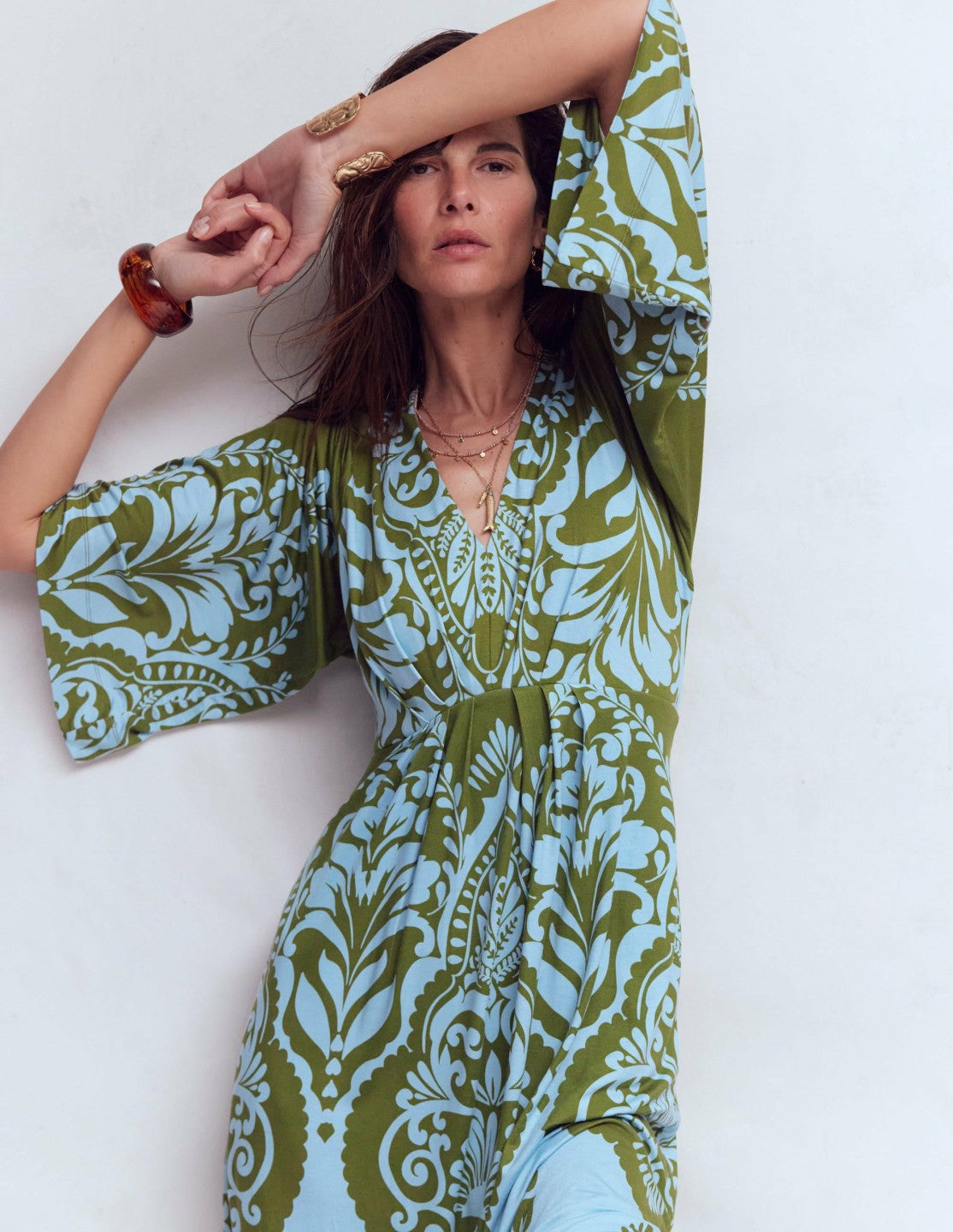 Nell Kimono Midi Jersey Dress-Olive, Ornamental Garden / Boden Online