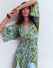 Nell Kimono Midi Jersey Dress-Olive, Ornamental Garden / Boden Online