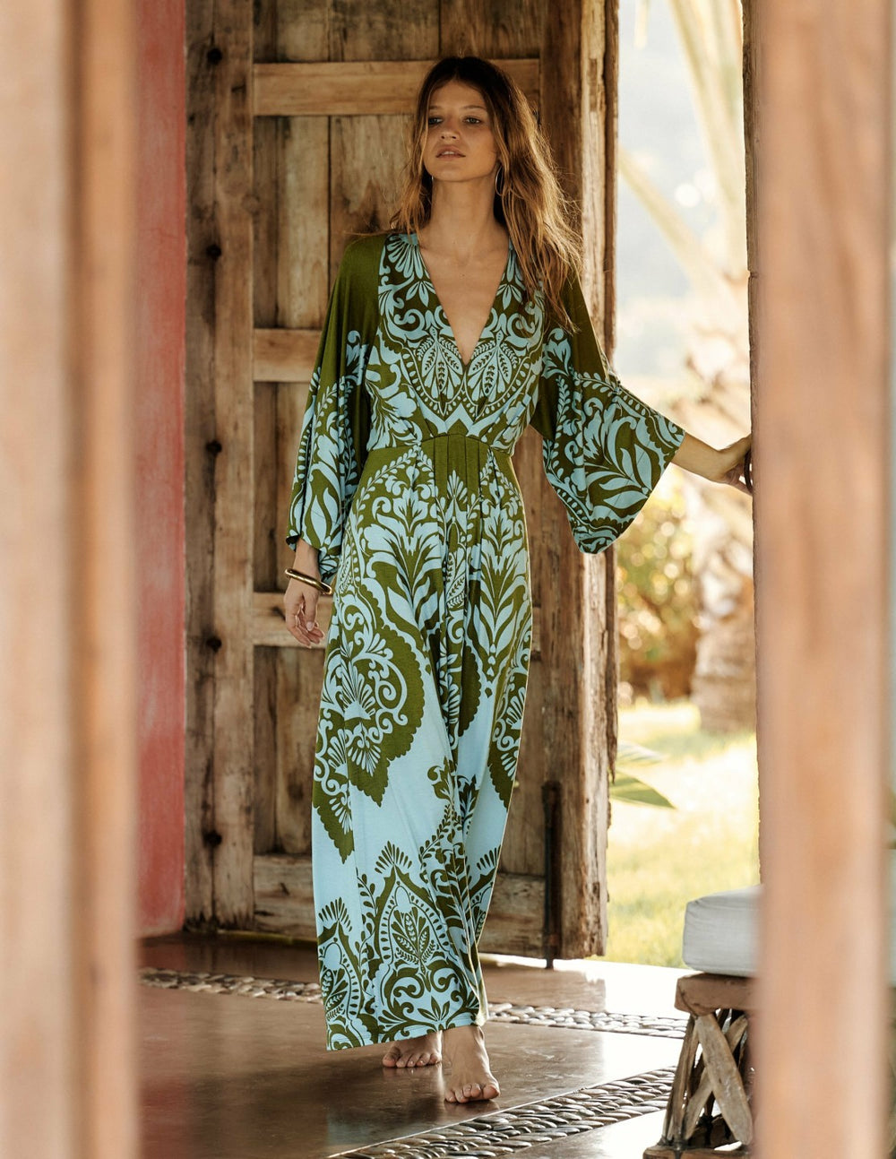 Nell Kimono Midi Jersey Dress-Olive, Ornamental Garden / Boden Online