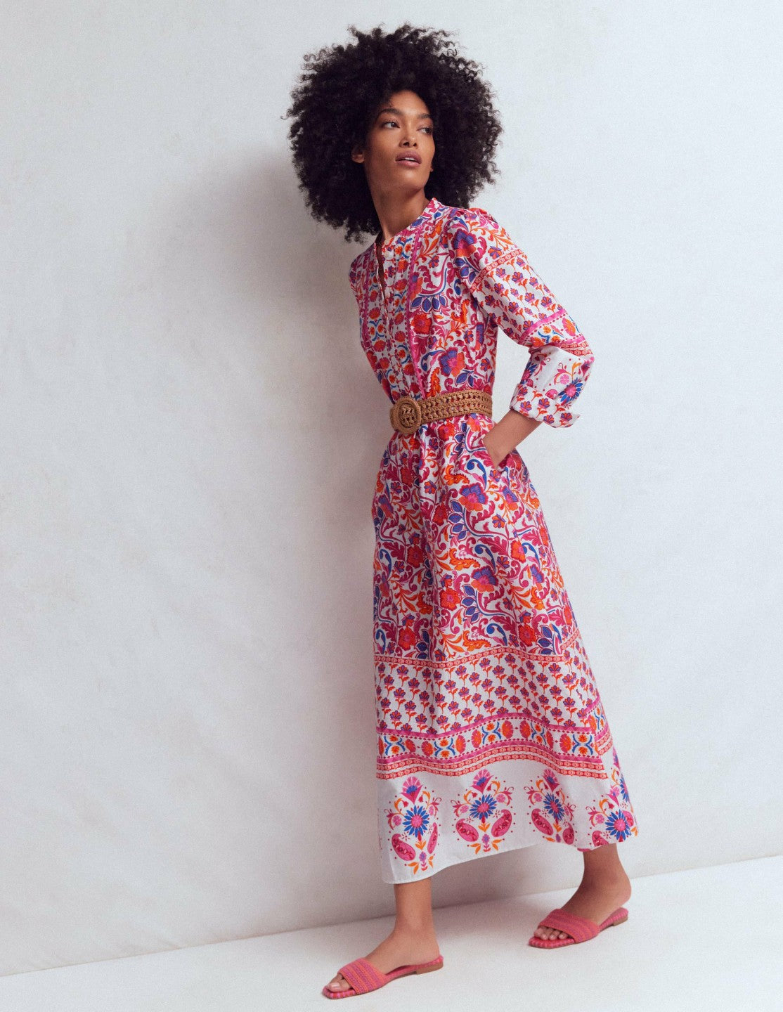 Ava Cotton Midi Dress-Pink Flourishing Meadow Border / Boden Outlet