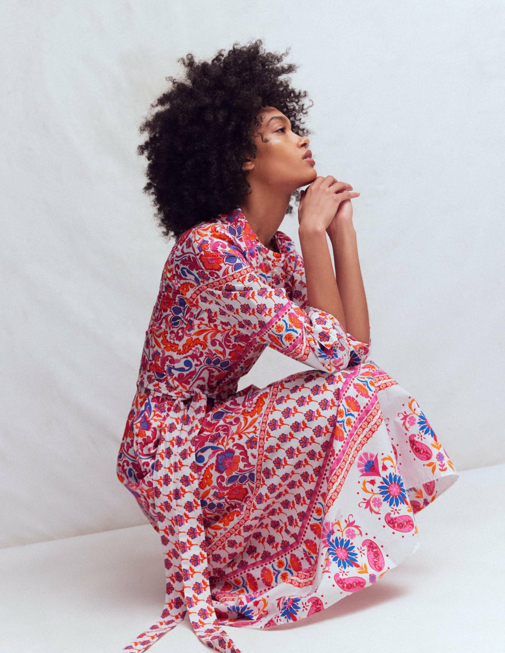 Ava Cotton Midi Dress-Pink Flourishing Meadow Border / Boden Outlet