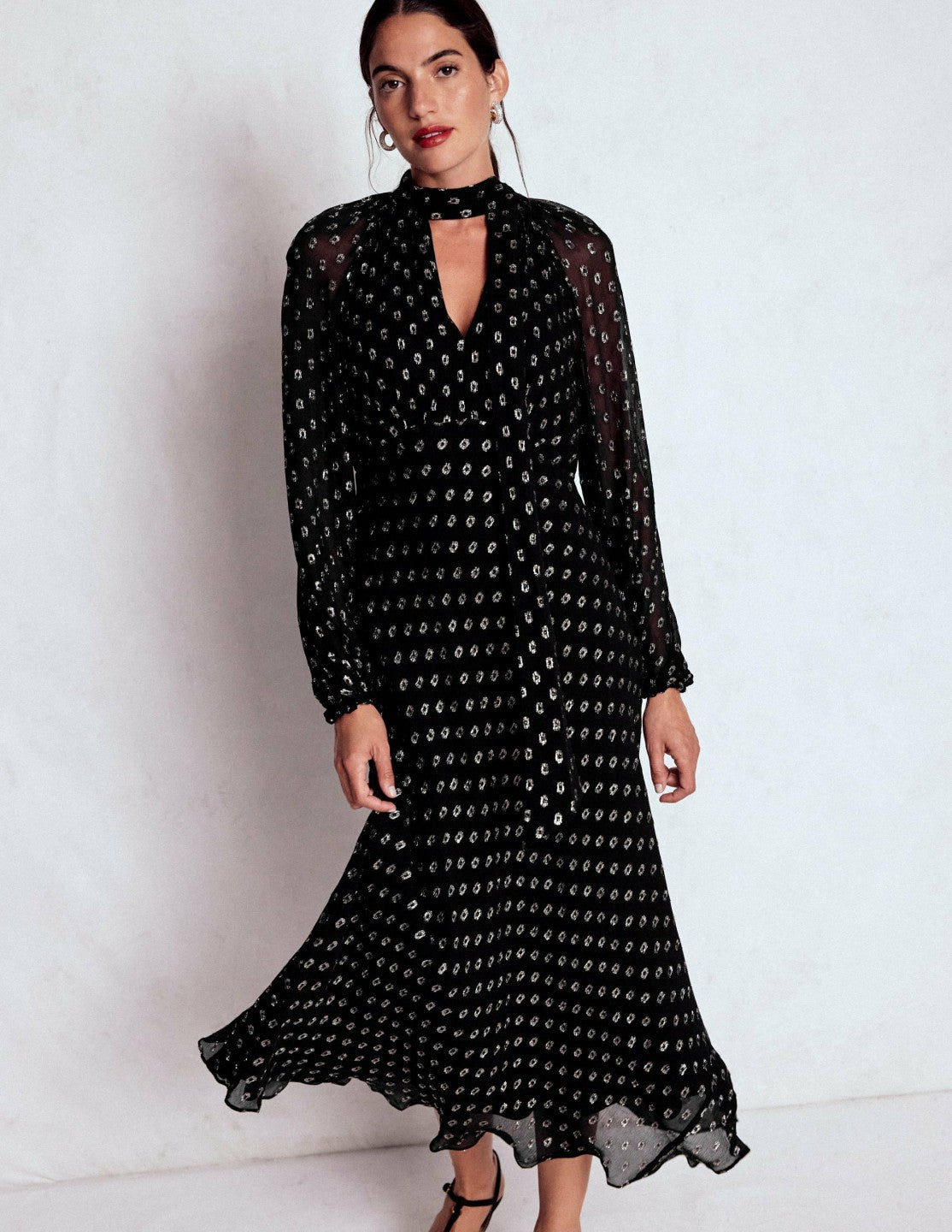 Tie Neck Midi Dress-Black and Silver Clip / Boden