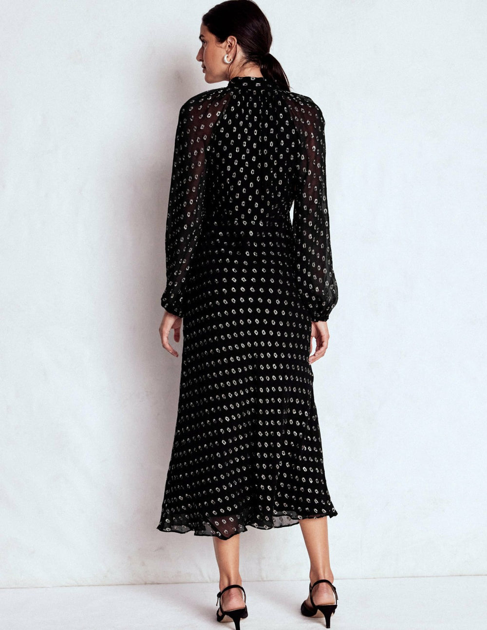 Tie Neck Midi Dress-Black and Silver Clip / Boden