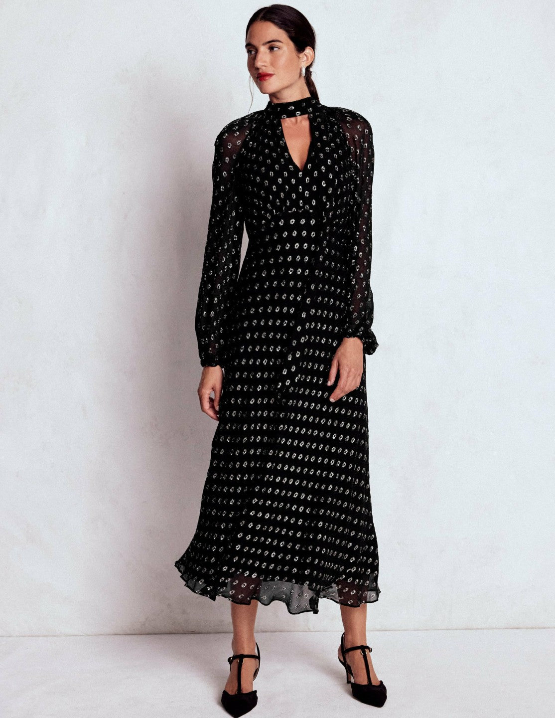 Tie Neck Midi Dress-Black and Silver Clip / Boden