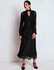 Tie Neck Midi Dress-Black and Silver Clip / Boden