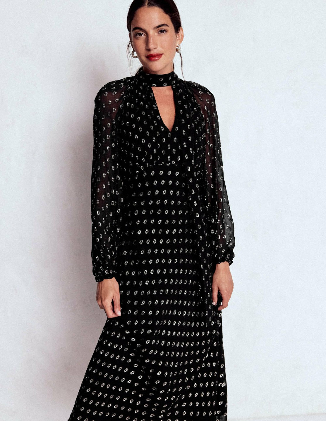 Tie Neck Midi Dress-Black and Silver Clip / Boden
