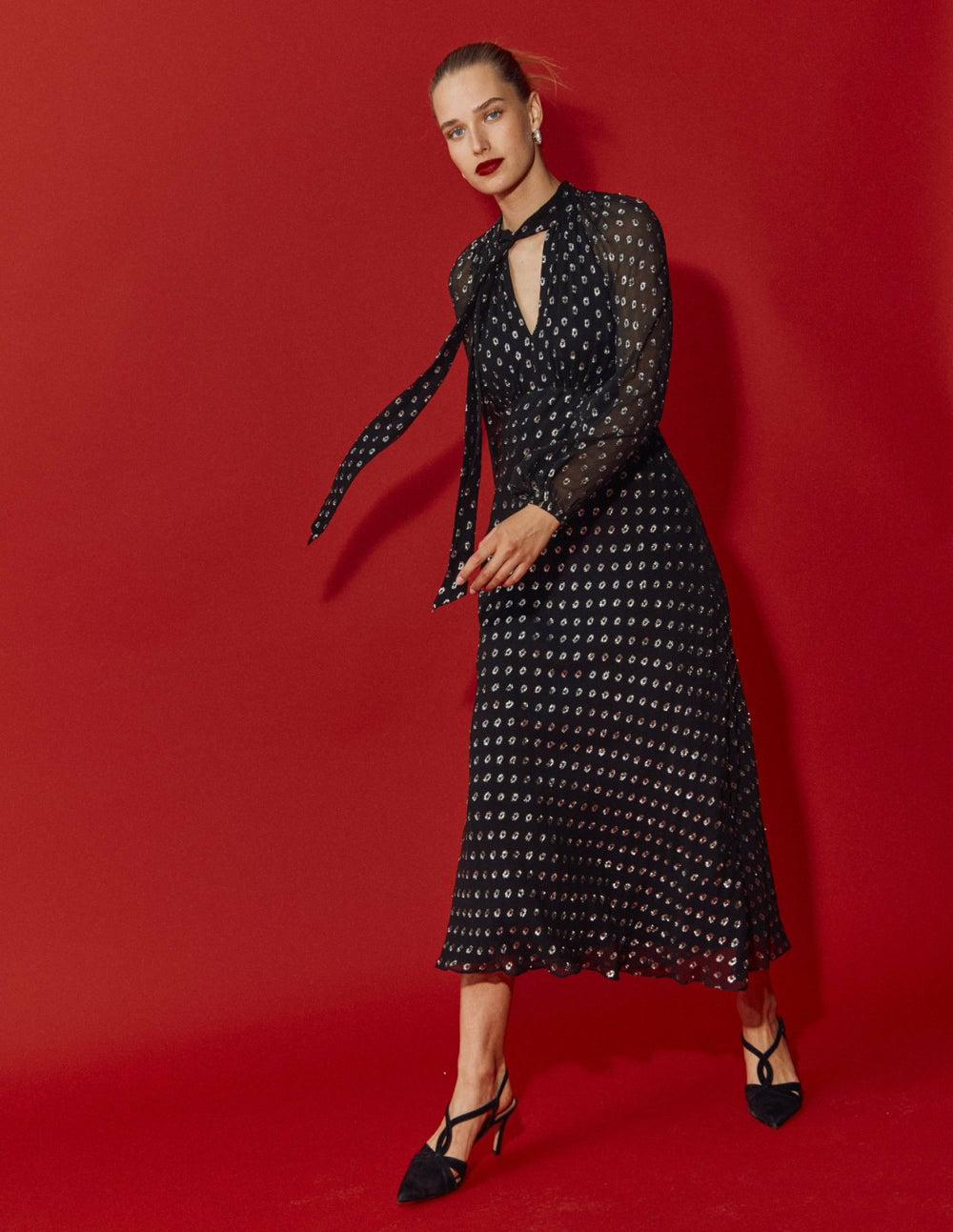 Tie Neck Midi Dress-Black and Silver Clip / Boden