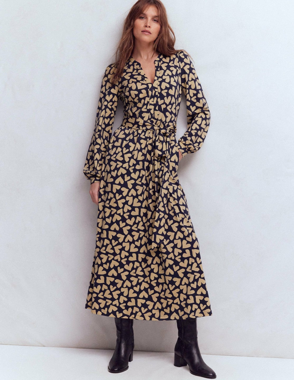 Naomi Long Sleeve Jersey Dress-French Navy, Heart Scatter / Boden Outlet