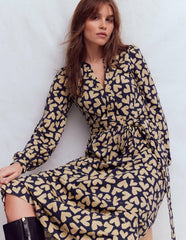 Naomi Long Sleeve Jersey Dress-French Navy, Heart Scatter / Boden Outlet