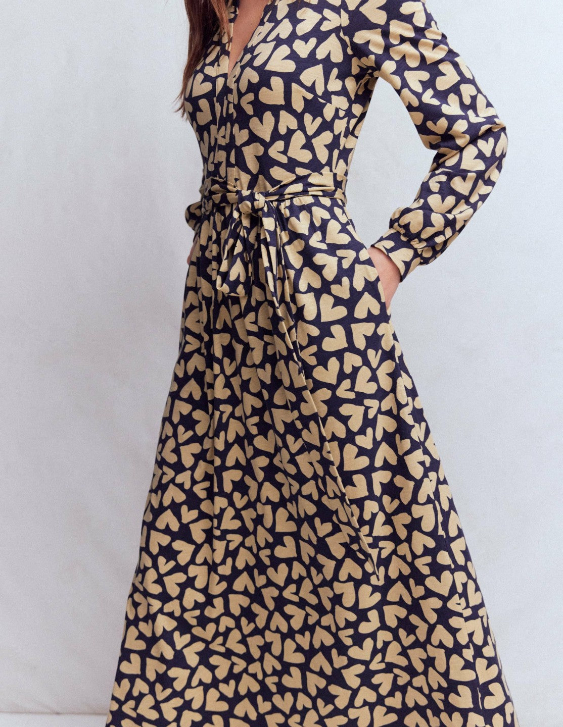 Naomi Long Sleeve Jersey Dress-French Navy, Heart Scatter / Boden Outlet