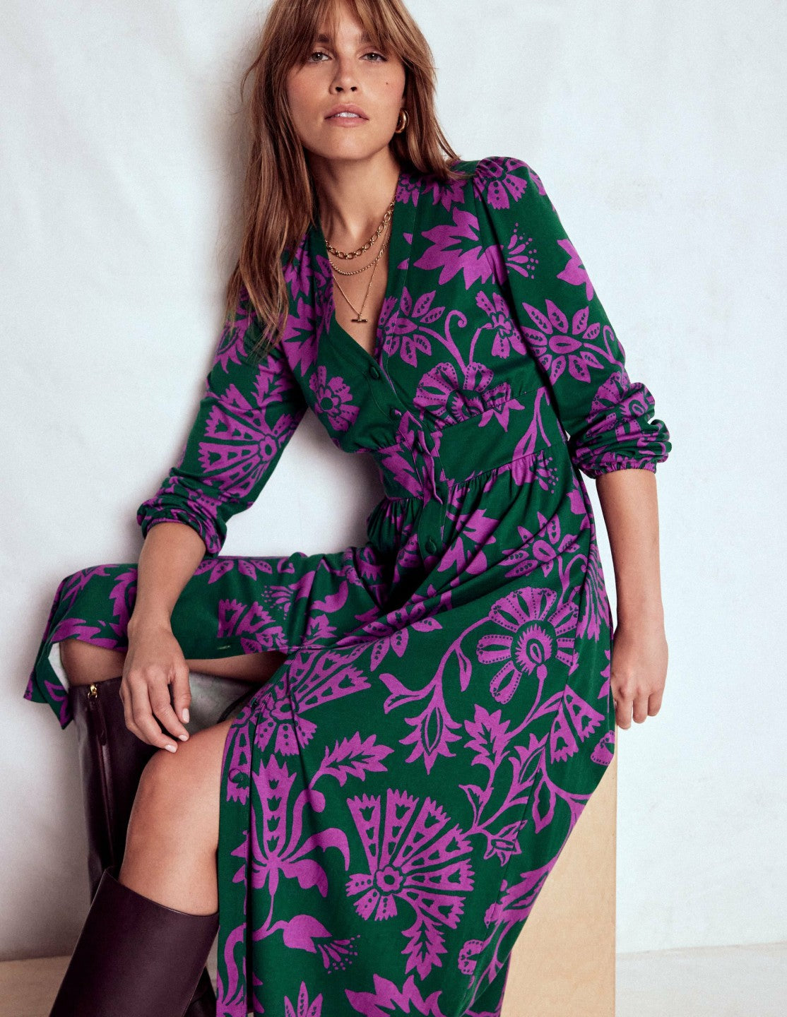 Natalia Long Sleeve Tea Dress-Emerald Night, Elaborate Vine / Boden Discount