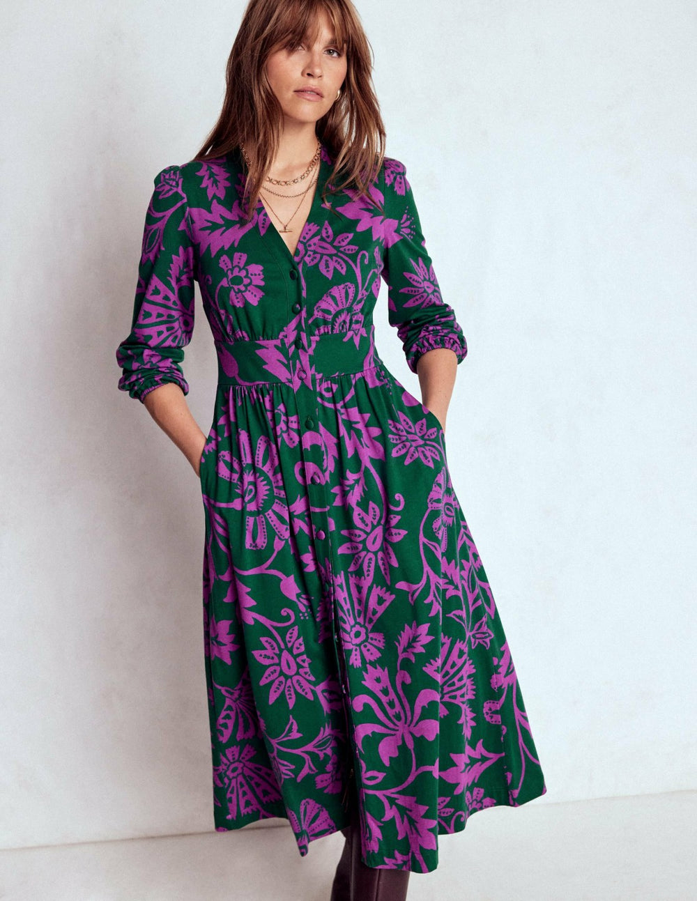 Natalia Long Sleeve Tea Dress-Emerald Night, Elaborate Vine / Boden Discount