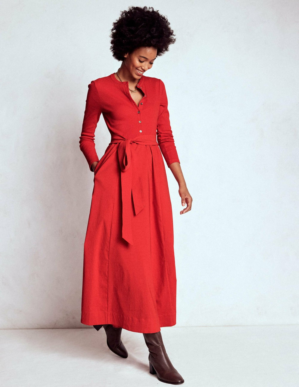 Button Detail Mix Dress-Crimson Red / Boden On sale
