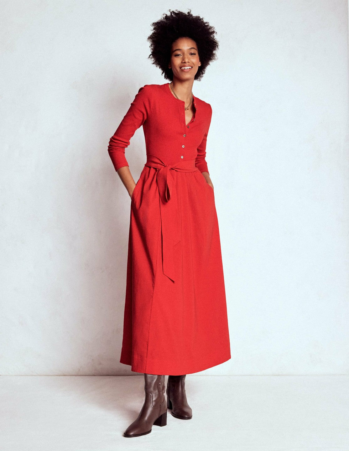 Button Detail Mix Dress-Crimson Red / Boden On sale