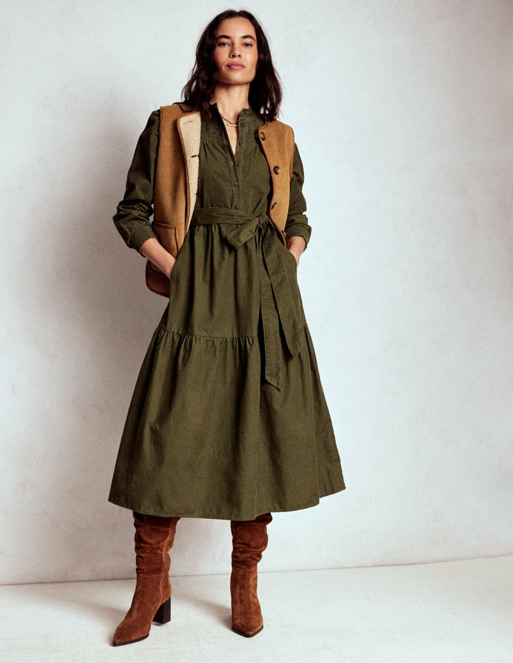 Cecily Cord Midi Dress-Woodland Green / Boden us
