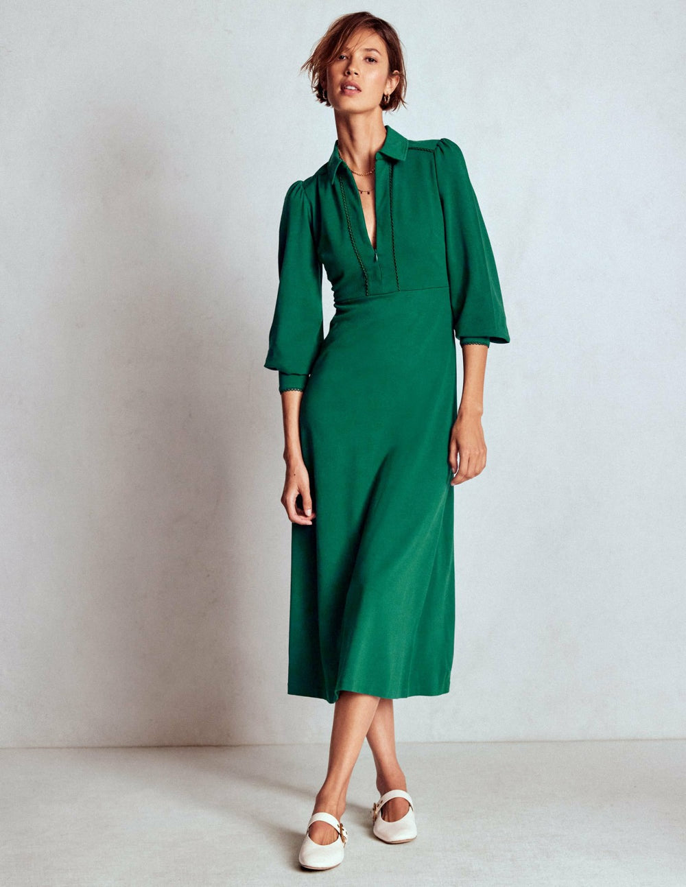 Pip Zip-Up Ponte Midi Dress-Emerald Night / Boden Sale