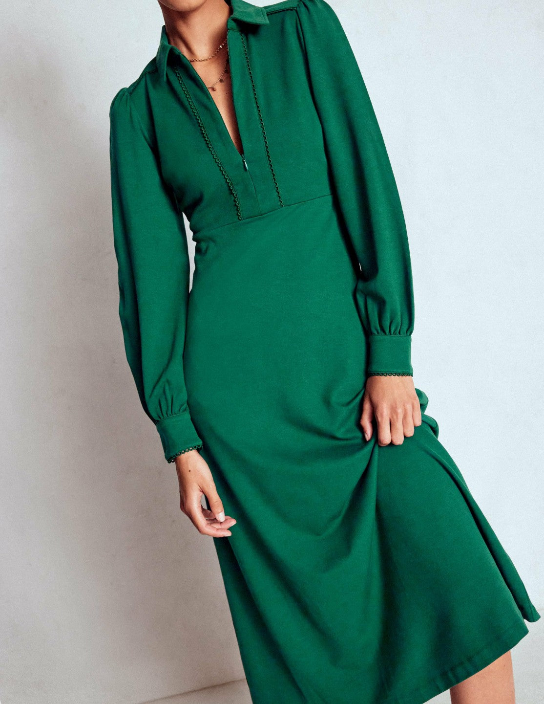 Pip Zip-Up Ponte Midi Dress-Emerald Night / Boden Sale
