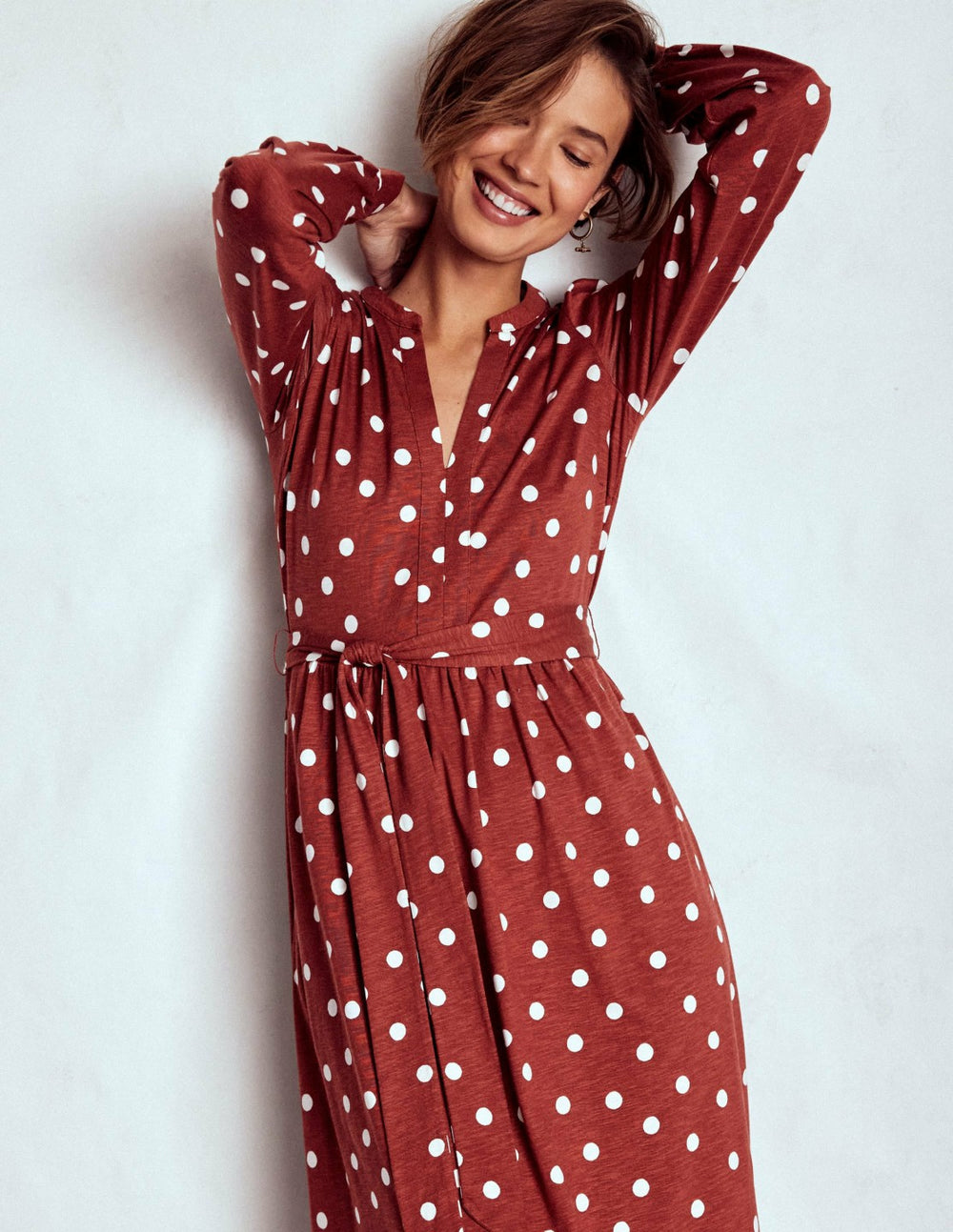 Naomi Long Sleeve Jersey Dress-Burnt Orange, Painted Dot / Boden Outlet