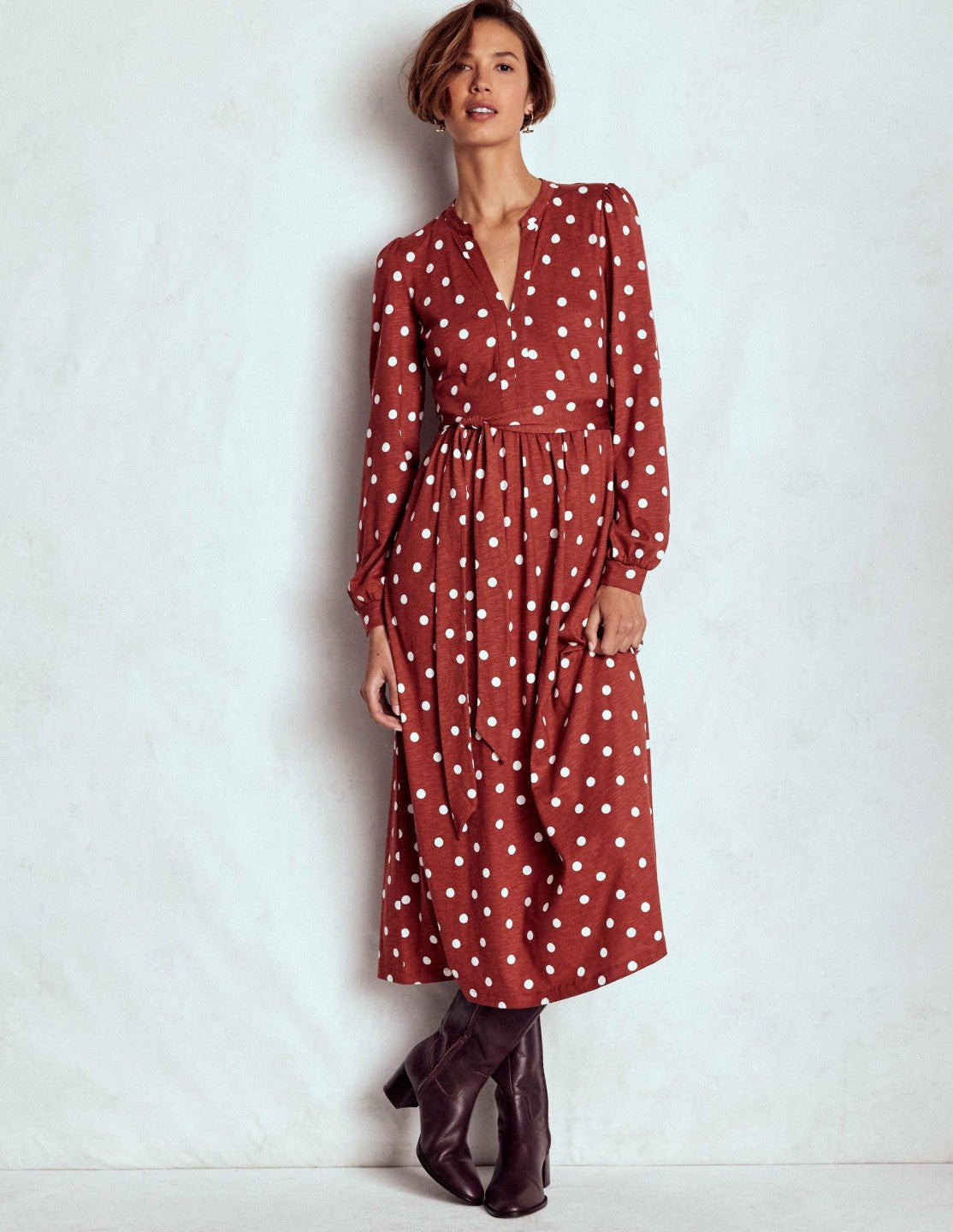 Naomi Long Sleeve Jersey Dress-Burnt Orange, Painted Dot / Boden Outlet
