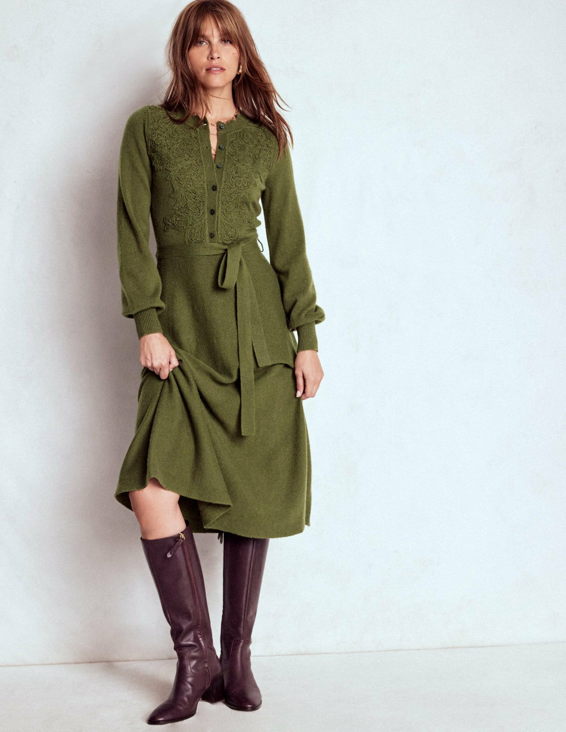 Lace Insert Knitted Midi Dress-Forest Glade / Boden