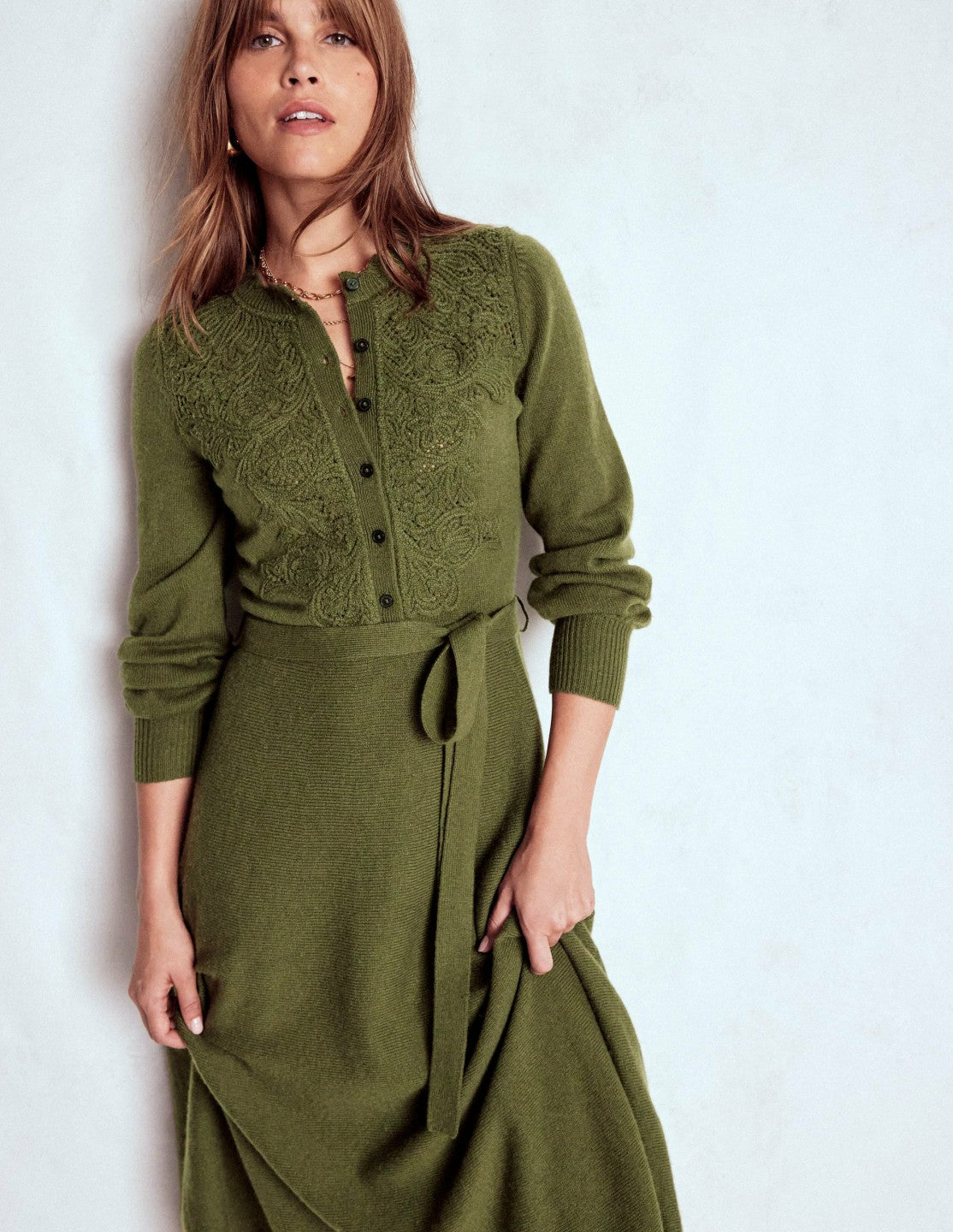 Lace Insert Knitted Midi Dress-Forest Glade / Boden