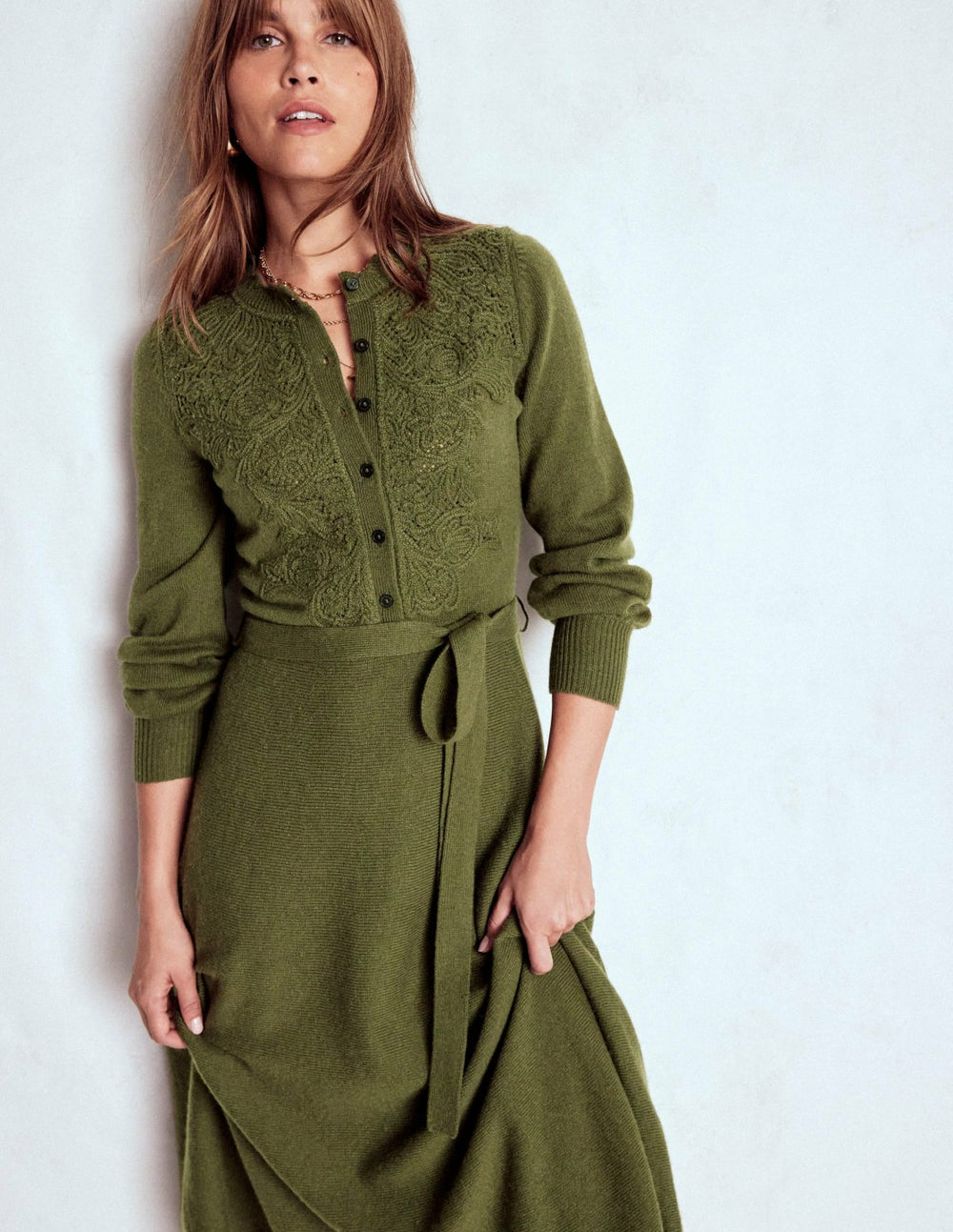 Lace Insert Knitted Midi Dress-Forest Glade / Boden