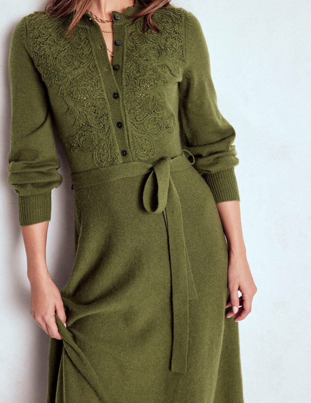 Lace Insert Knitted Midi Dress-Forest Glade / Boden