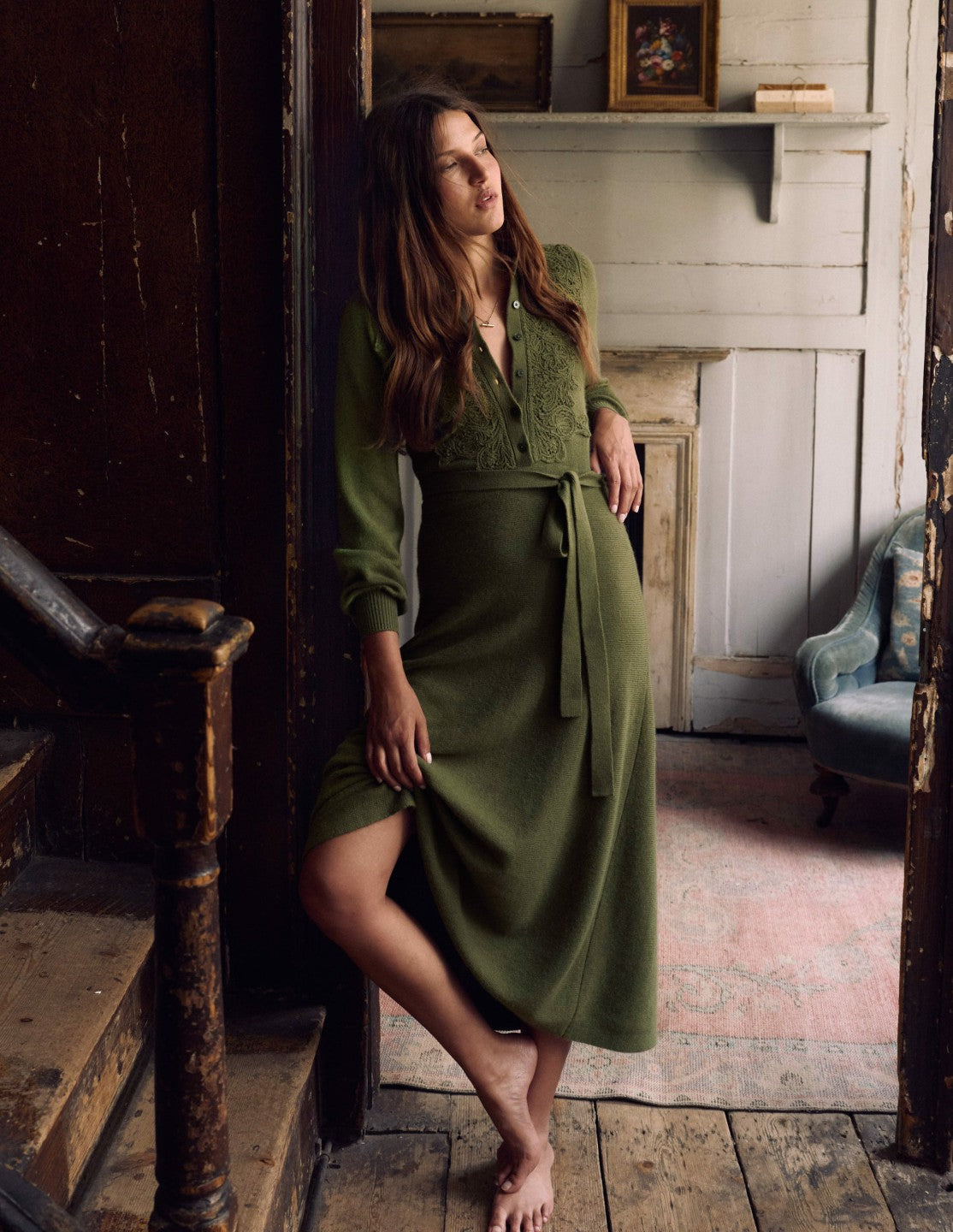 Lace Insert Knitted Midi Dress-Forest Glade / Boden