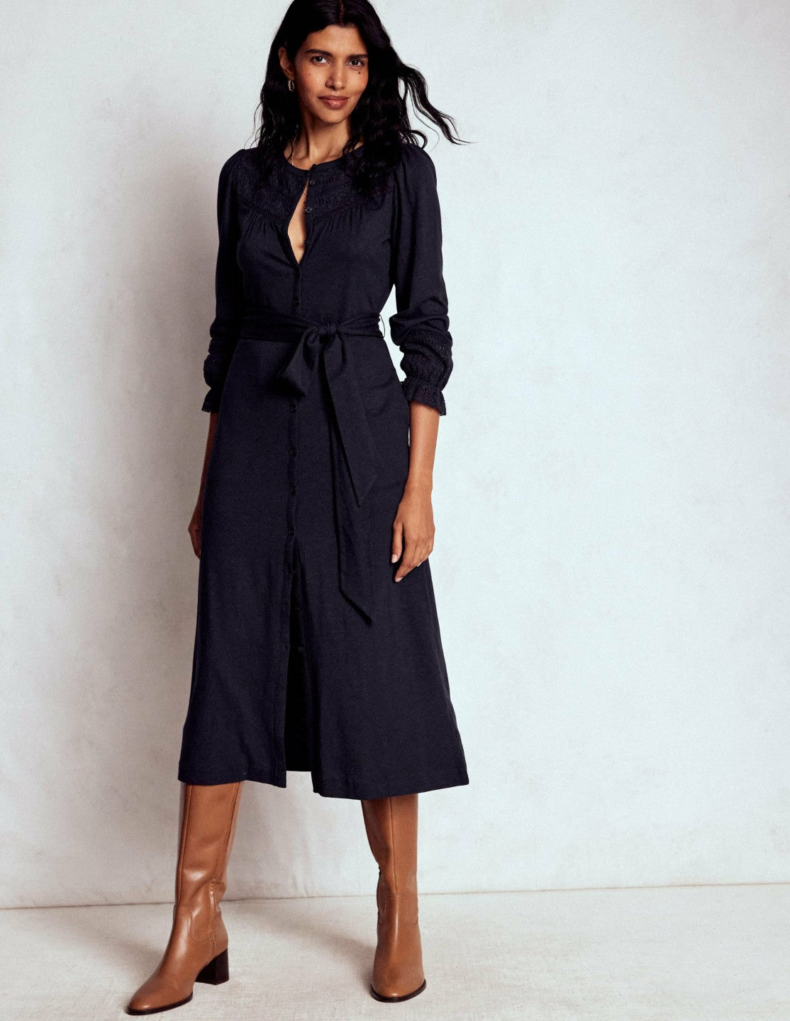 Pippa Broderie Jersey Dress-Navy / Boden On sale