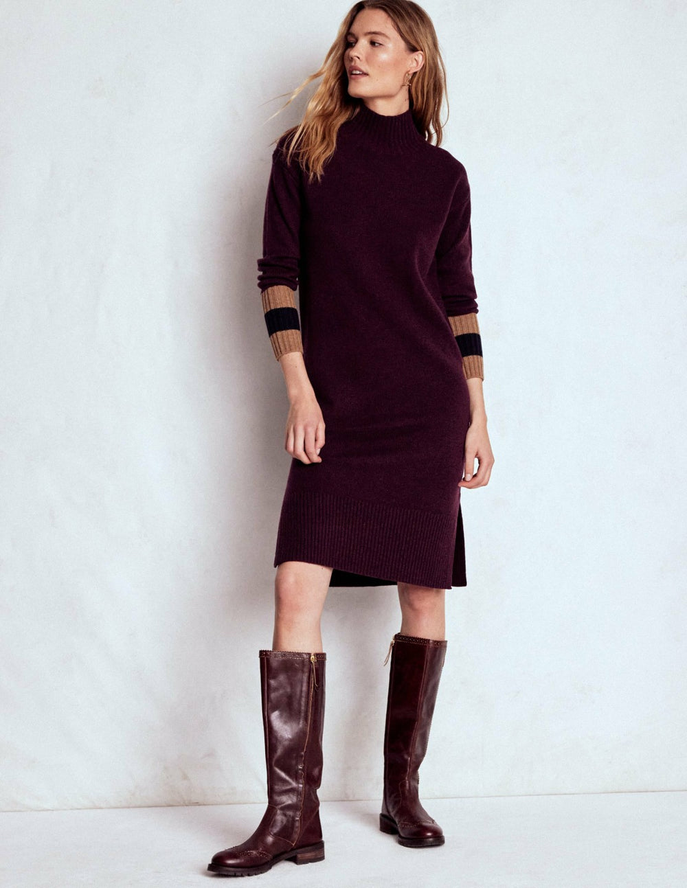 Merino Knitted Dress-Dark Cherry, Brown Stripe / Boden us