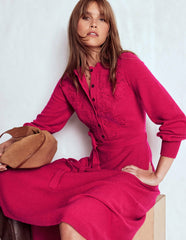 Lace Insert Knitted Midi Dress-Vibrant Pink / Boden