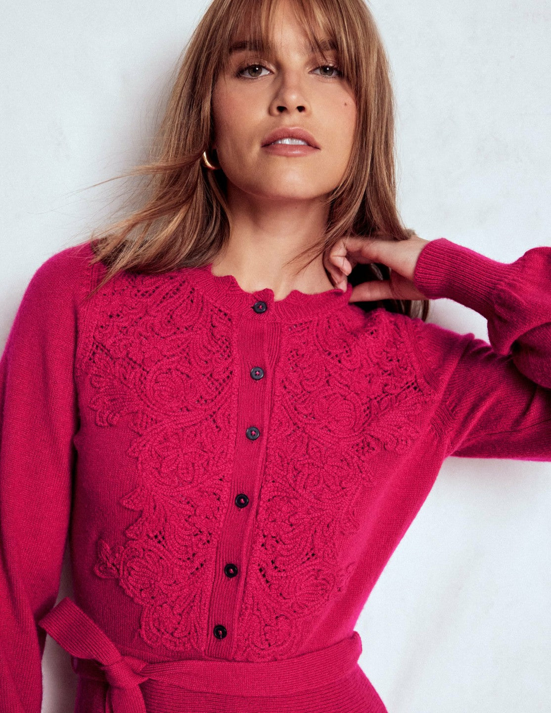 Lace Insert Knitted Midi Dress-Vibrant Pink / Boden