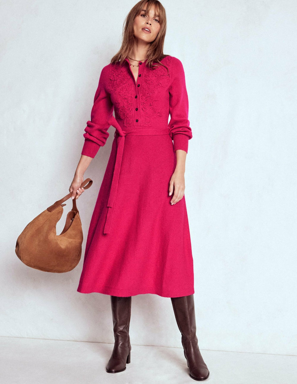 Lace Insert Knitted Midi Dress-Vibrant Pink / Boden
