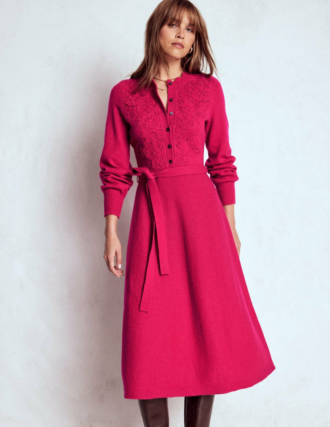 Lace Insert Knitted Midi Dress-Vibrant Pink / Boden