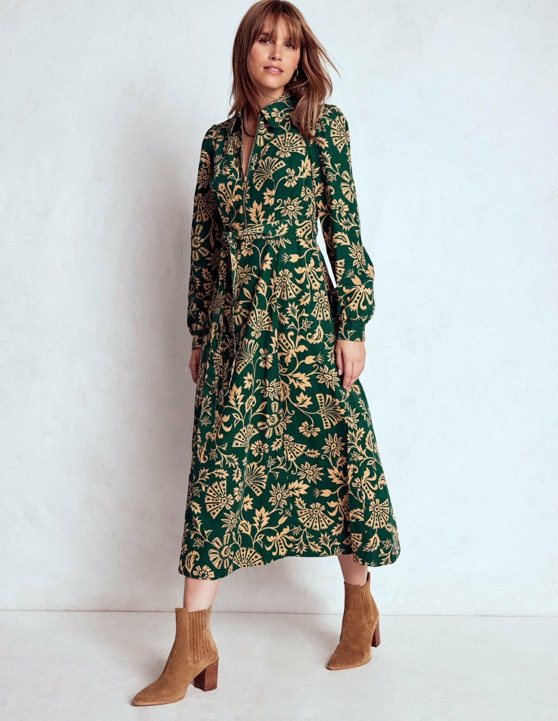 Adelaide Zip Cord Midi Dress-Emerald Night, Elaborate Vine / Boden Sale