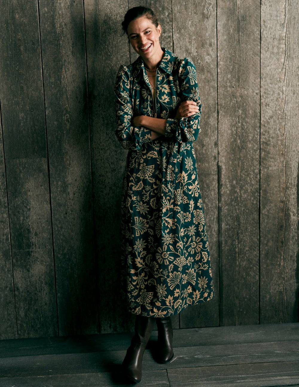 Adelaide Zip Cord Midi Dress-Emerald Night, Elaborate Vine / Boden Sale