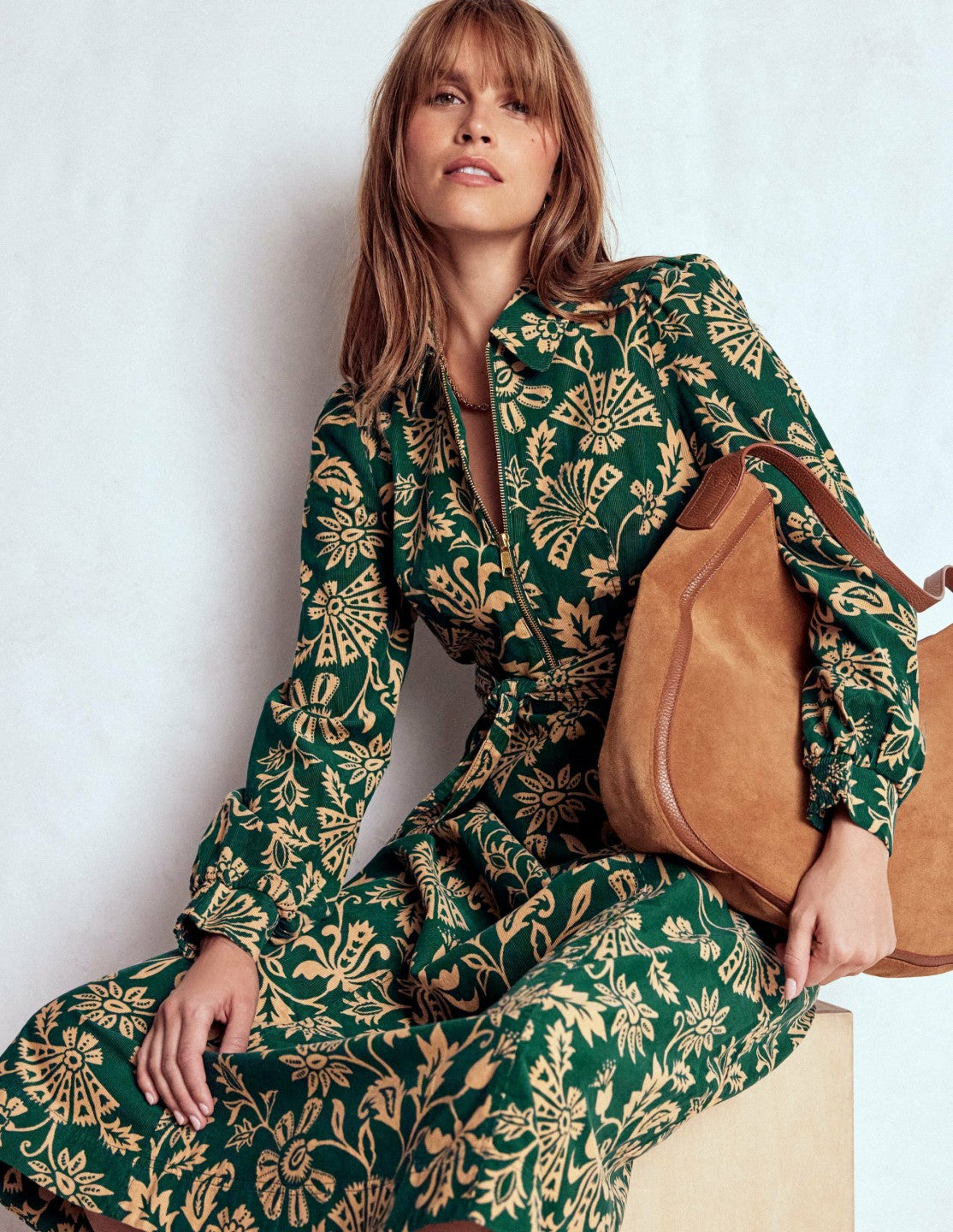 Adelaide Zip Cord Midi Dress-Emerald Night, Elaborate Vine / Boden Sale