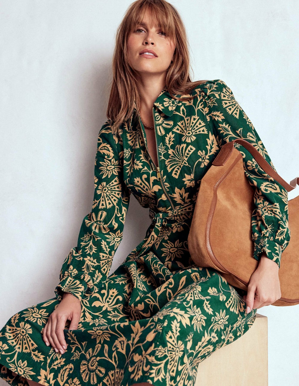 Adelaide Zip Cord Midi Dress-Emerald Night, Elaborate Vine / Boden Sale