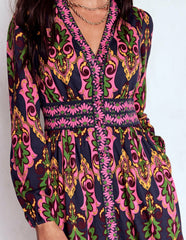 Natalia Long Sleeve Tea Dress-French Navy, Ornate Charm / Boden