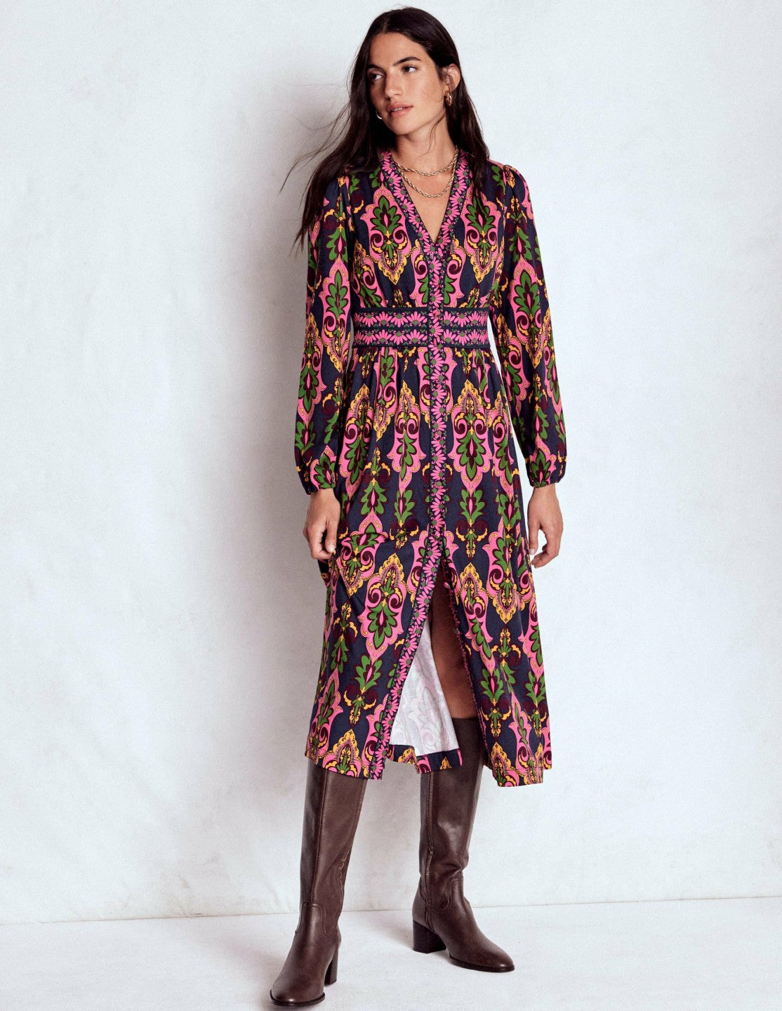 Natalia Long Sleeve Tea Dress-French Navy, Ornate Charm / Boden
