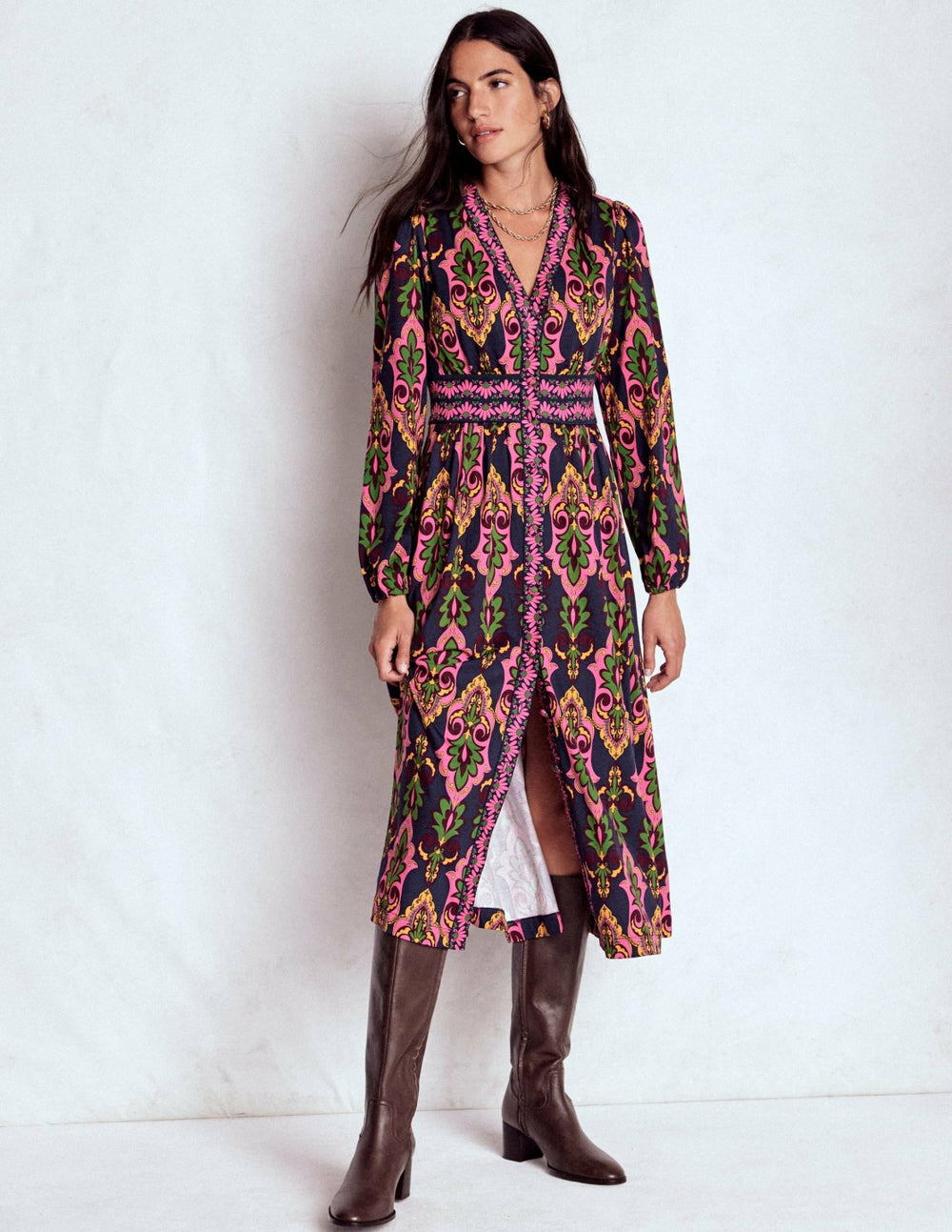 Natalia Long Sleeve Tea Dress-French Navy, Ornate Charm / Boden