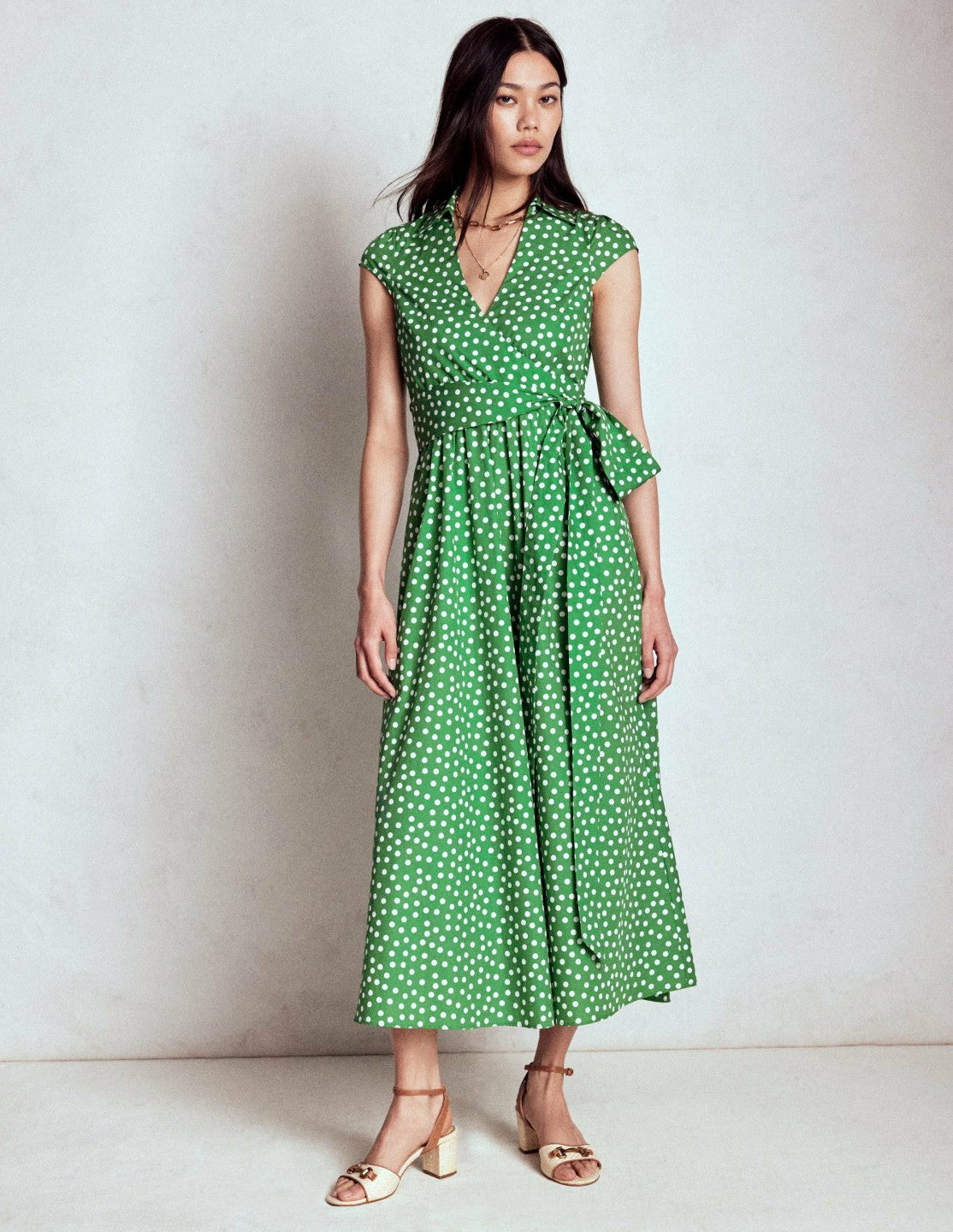 Julia Cotton Wrap Midi Dress-Highland Green, Painted Dot / Boden Sale