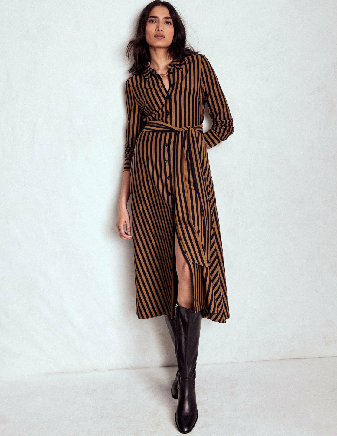 Marcia Jersey Shirt Dress-Gingerbread and Navy Stripe / Boden Online