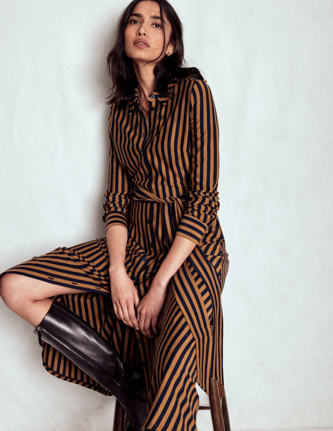 Marcia Jersey Shirt Dress-Gingerbread and Navy Stripe / Boden Online