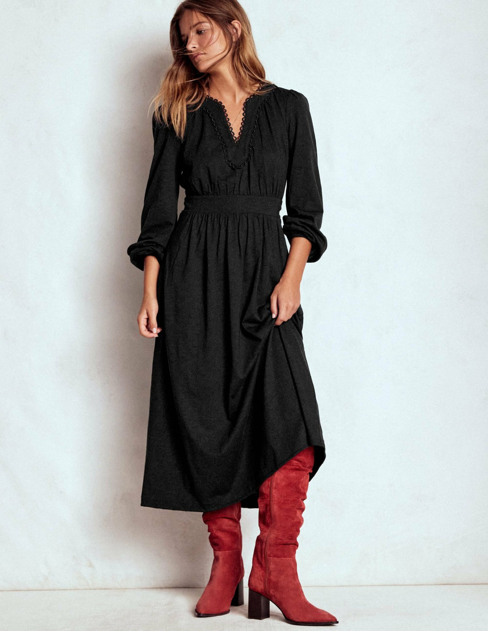 Maddie Picot Trim Midi Dress-Black / Boden Discount