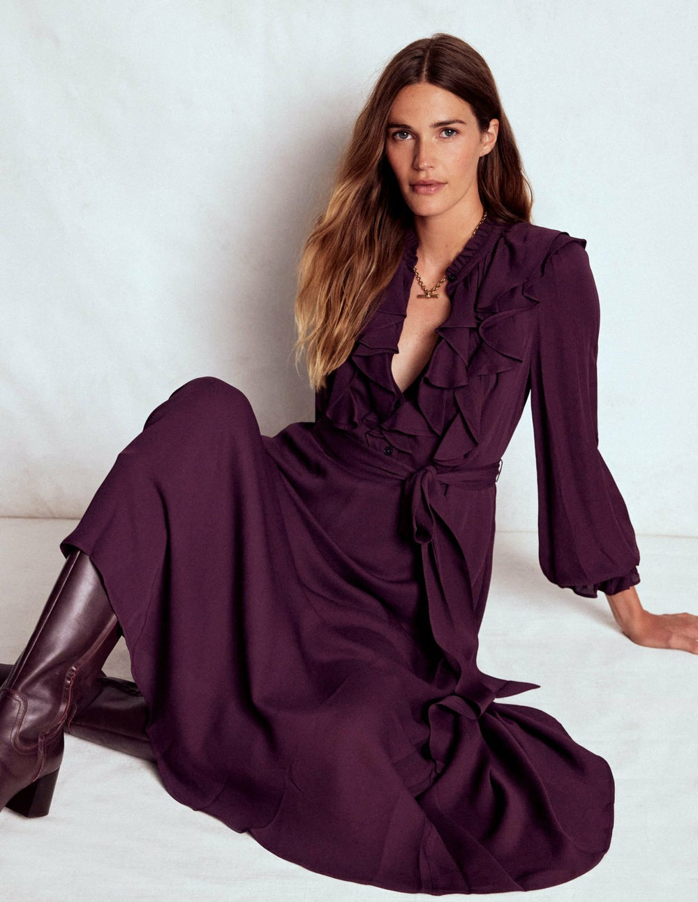 Ruffle Front Shirt Dress-Dark Cherry / Boden On sale